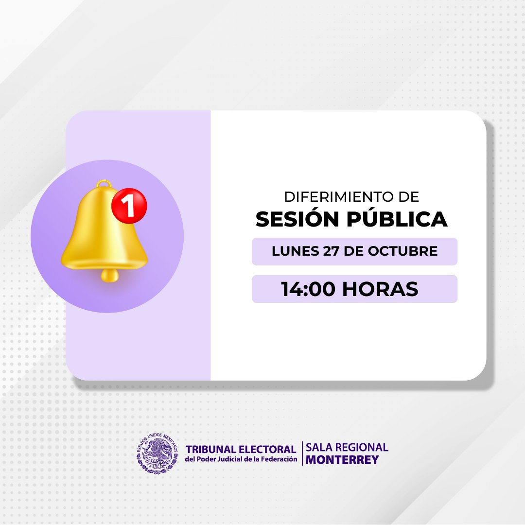 Diferimiento de la transmisión en vivo de la Sesión Pública de esta Sala Regional programada para el día: 
🗓️ Lunes 27 de Octubre  
⏰ 14:00 hrs
🔗te.gob.mx/front3/publicS…