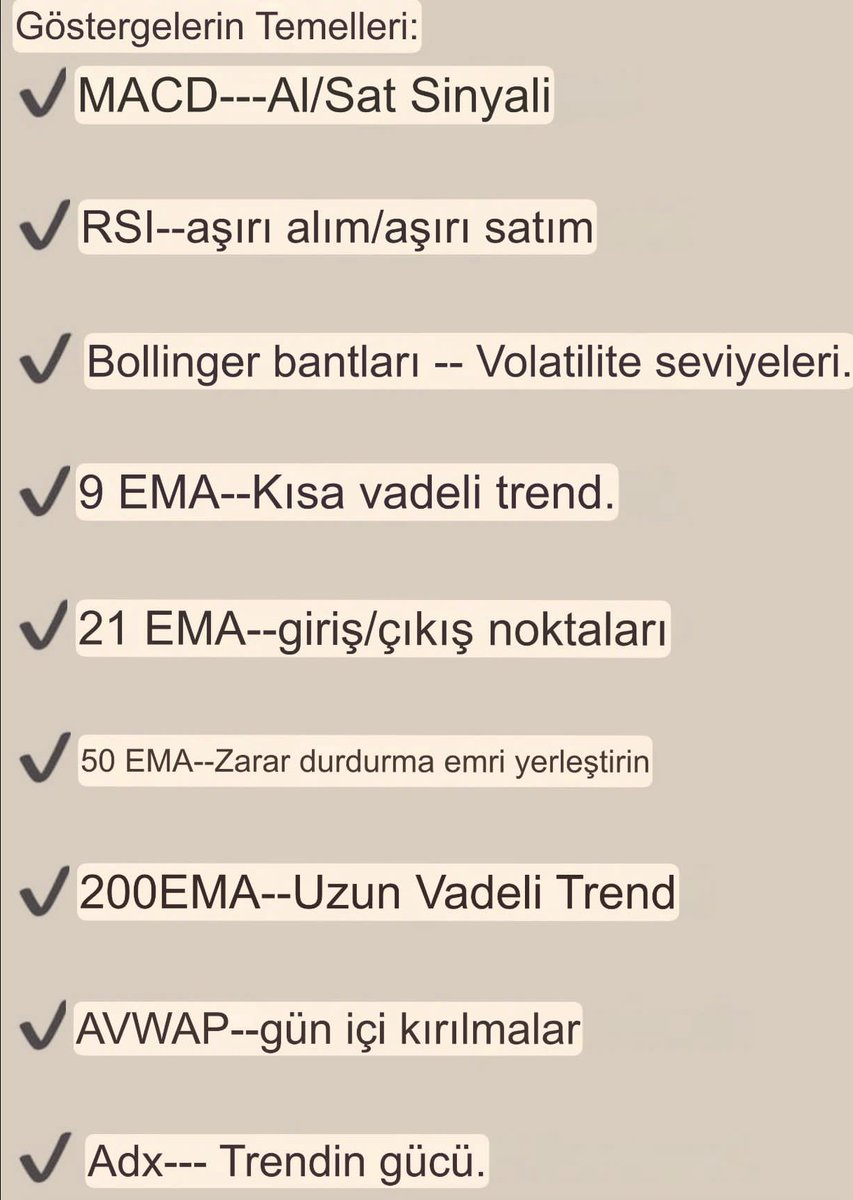 GÖSTERGELERİN TEMELLERİ

#MACD — Al/Sat sinyallerini verir, trend dönüşlerini gösterir.

#RSI — Aşırı alım veya satım bölgelerini belirler.

#BollingerBantları — Fiyatın volatilitesini ve olası yön değişimlerini gösterir.

#EMA9 — Kısa vadeli trendi yakalamak için kullanılır.