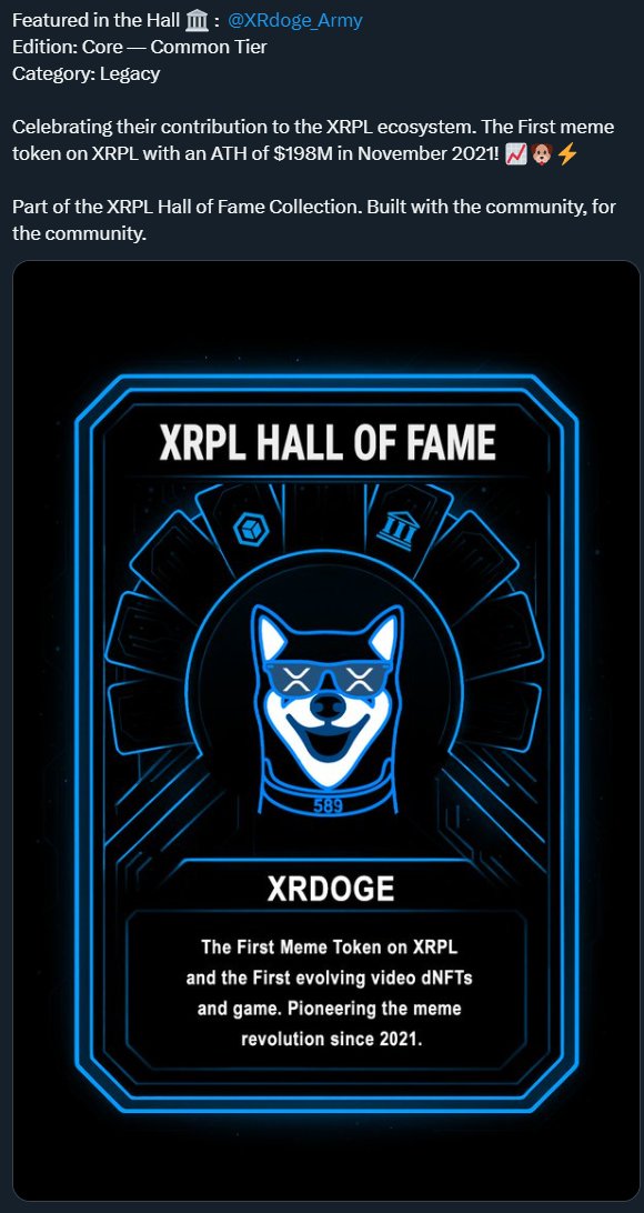 #XRdoge is now listed on <a href="/XRPLHallOfFame/">XRPL Hall of Fame</a> 🏛️

"Celebrating their contribution to the XRPL ecosystem. The First meme token on XRPL with an ATH of $198M in November 2021!📈🐶⚡️  " 

Yes, you heard it right—"$198m"  ATH Market Cap, which set the record for the highest market cap ever