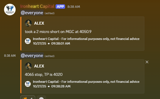 $MGC banger trade this morning alerted in the Discord. Overnight price left previous week low so I framed the trade around the 1hr Bearish FVG. Waited for a close below the 8:35 5 min candle and entered short at the 3min Order Block (4051.9)

+30 points secured at PWL