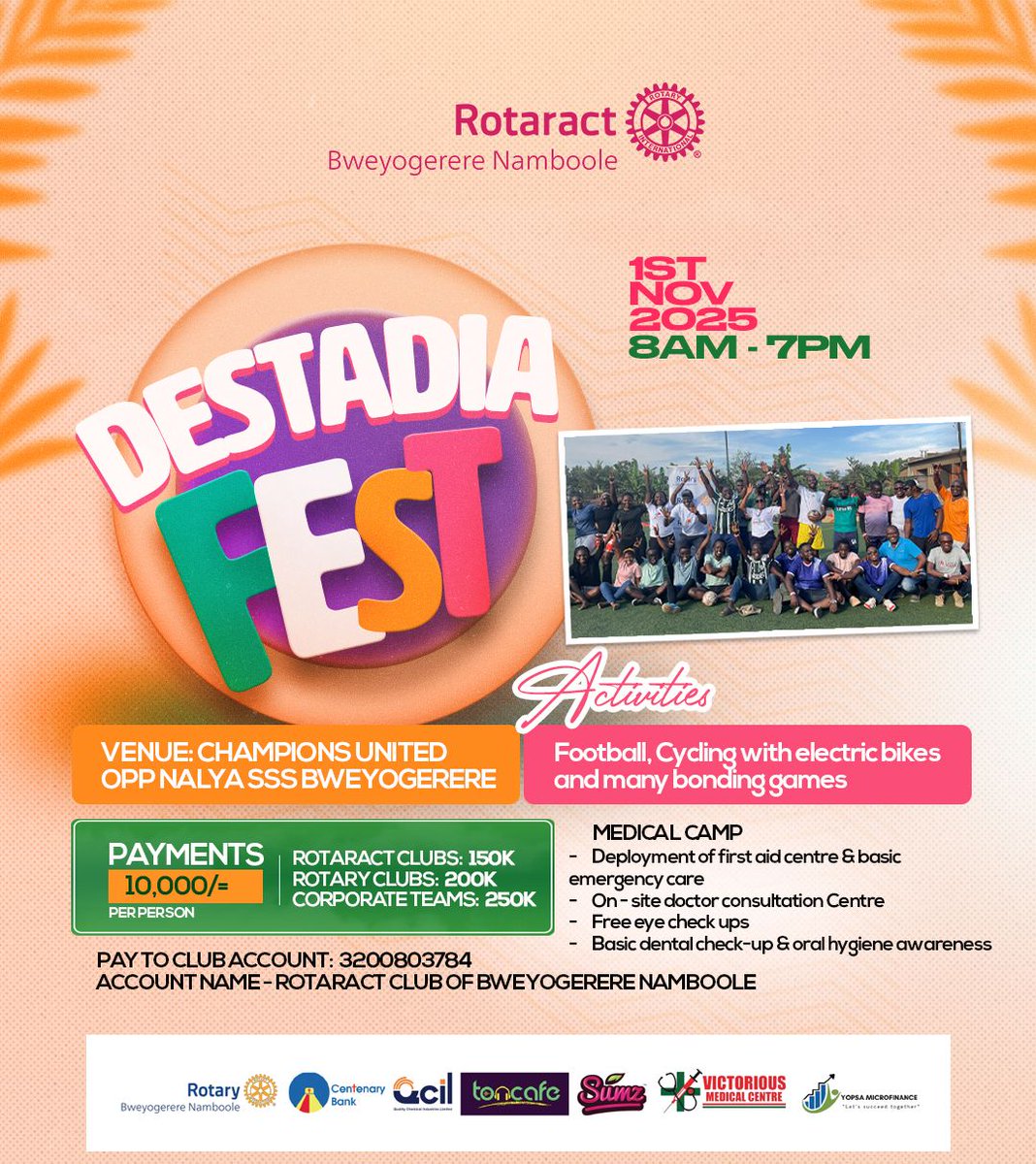 Destadia's tweet image. 4 Days To Go 🥳🥳🥳🥳

Greetings Partners in Service🤩
The Destadia Fest is around the corner ⏰
Join us on 1st Nov as we fundraise for our community service project in style and with lot’s fun and games ⚽️🚴‍♀️Have you secured a ticket yet? 

#DestadiaFest 
#RotaryEyamba
