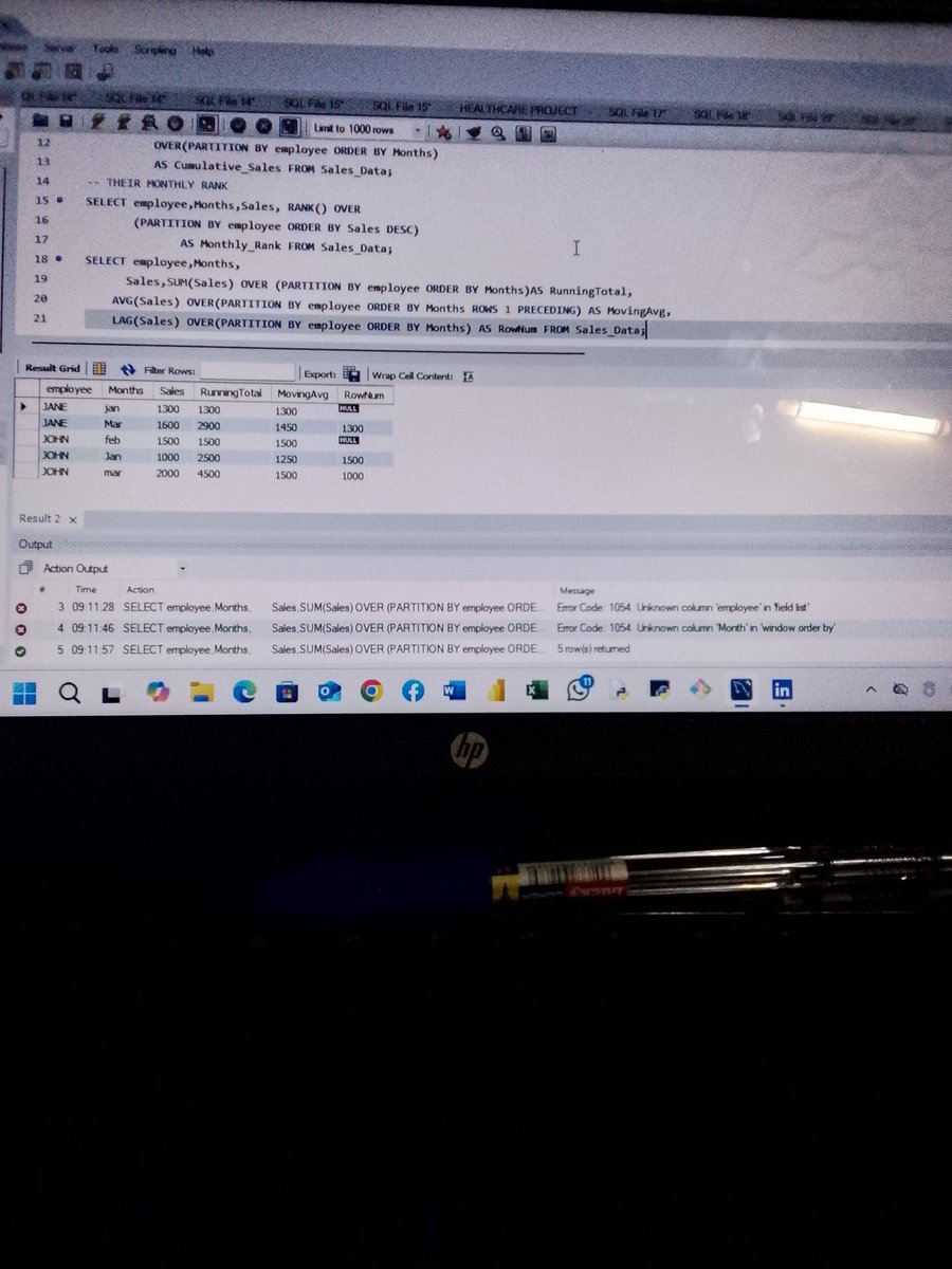 Etty_official's tweet photo. Day 32 of SQL Learning
I continued practiced on how to combine multiple window functions in one query to extract deeper insights.
#SQL #DataAnalytics #LearningInPublic #100DaysOfSQL #WindowFunctions #TechJourney #StudentInTech https://t.co/uBxFsyx0po