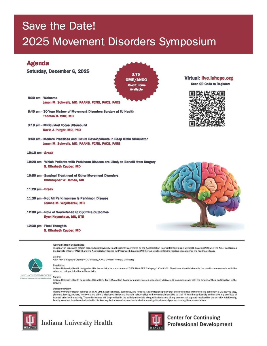 Neurosurgery_IU's tweet image. Join us Dec. 6 for @IUMedSchool and @IU_Health's Movement Disorders Symposium! The team will lead two programs — one for patients and another for clinicians. See the clinicians program flyer for more details and register for the virtual event 🔗buff.ly/i29qsA7