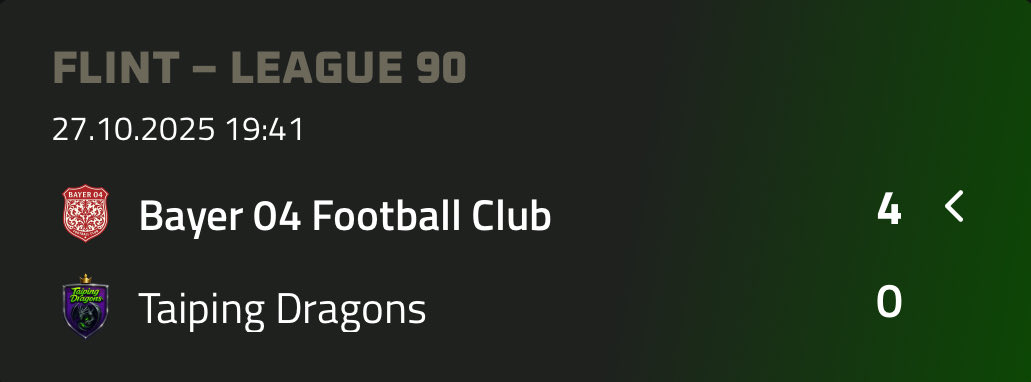 Spieltag 10. bei <a href="/playMFL/">MFL</a> 
Topspiel!!! Erster gegen Zweiter. 
Mit einem souveränen 4:0 entscheiden wir das Topspiel. Bleiben im 10. Spiel ungeschlagen und vergrößern den Abstand zu Platz 2 auf 9 Punkte!!! 
Weiter so 👏 💪

<a href="/NoTimeW3/">NoTime</a>