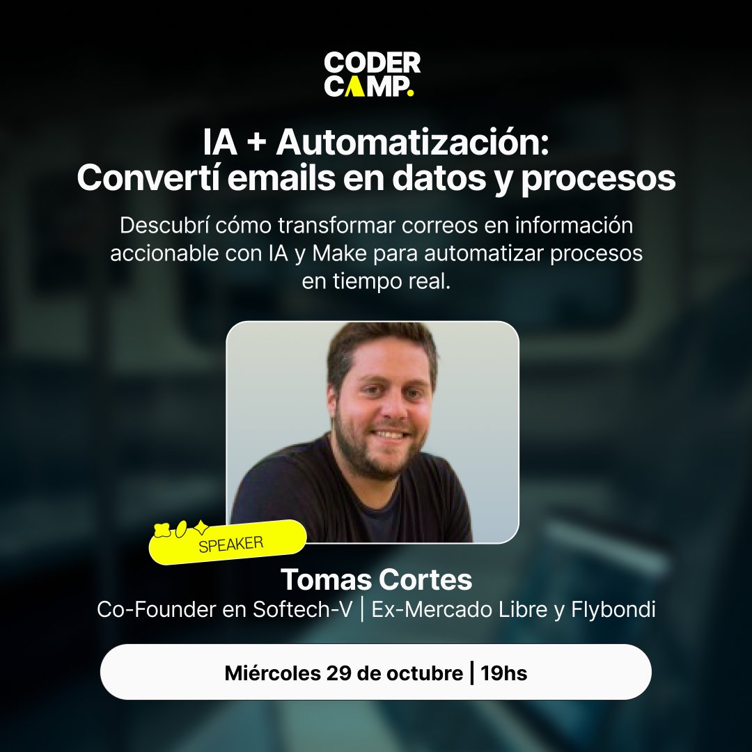 coderhouse's tweet image. 📅 Miércoles 19hs.
💡 Workshop de #CoderCampAI
Tema: IA + Automatización: Convertí emails en datos y procesos
🎙️ Tomas Cortes — Co-Founder en Softech-V | Ex-Mercado Libre y Flybondi
📍 Miércoles 29 de octubre, 19 hs ARG
Gratis y en vivo 🚀
👉🏼 Inscribite: f.mtr.cool/nsfowdgbkc