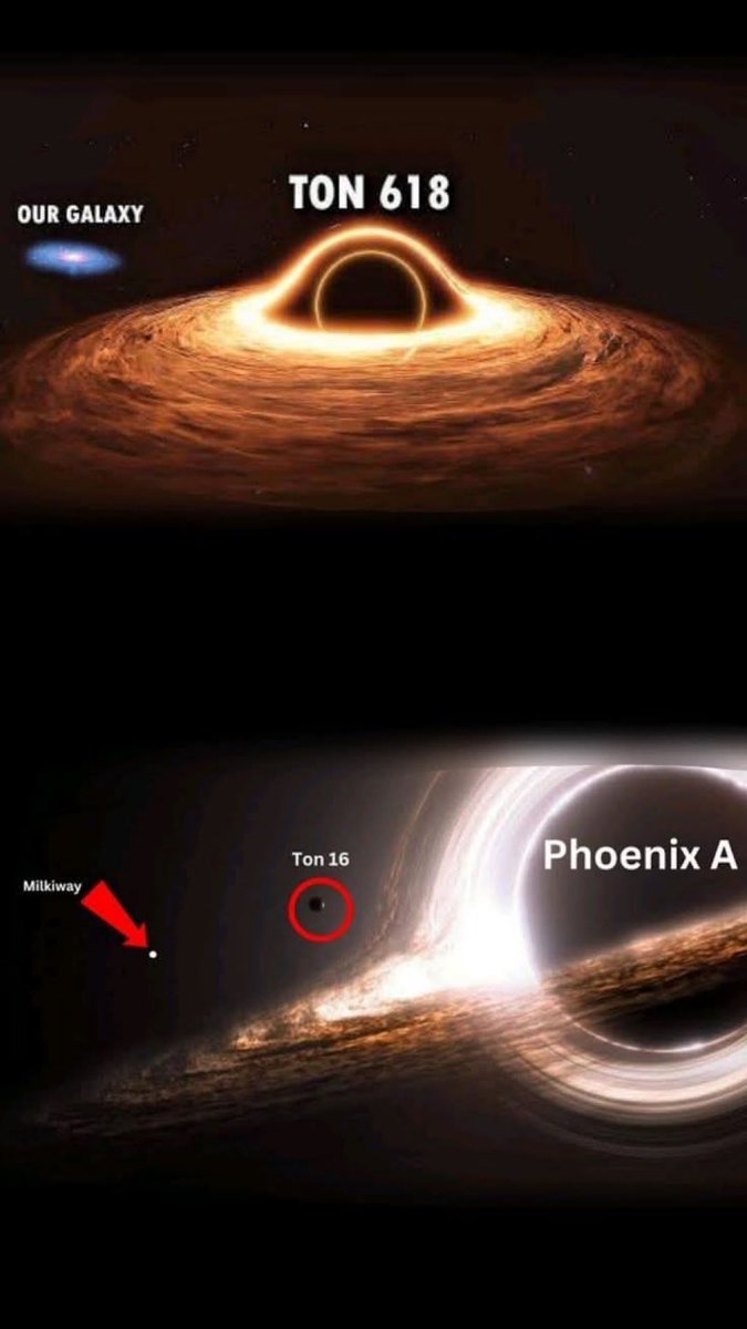 در بالا مقایسه ای از کهکشان راه شیری میبینید با سیاهچاله ی TON 618 
و در پایین راه شیری، TON618 در مقابل سیاهچاله ی phoenix A. 

جرمِ تخمینی سیاه‌چاله‌ی Phoenix A* حدود 100 میلیارد برابر جرم خورشید است.  
#ناسا_فارسی