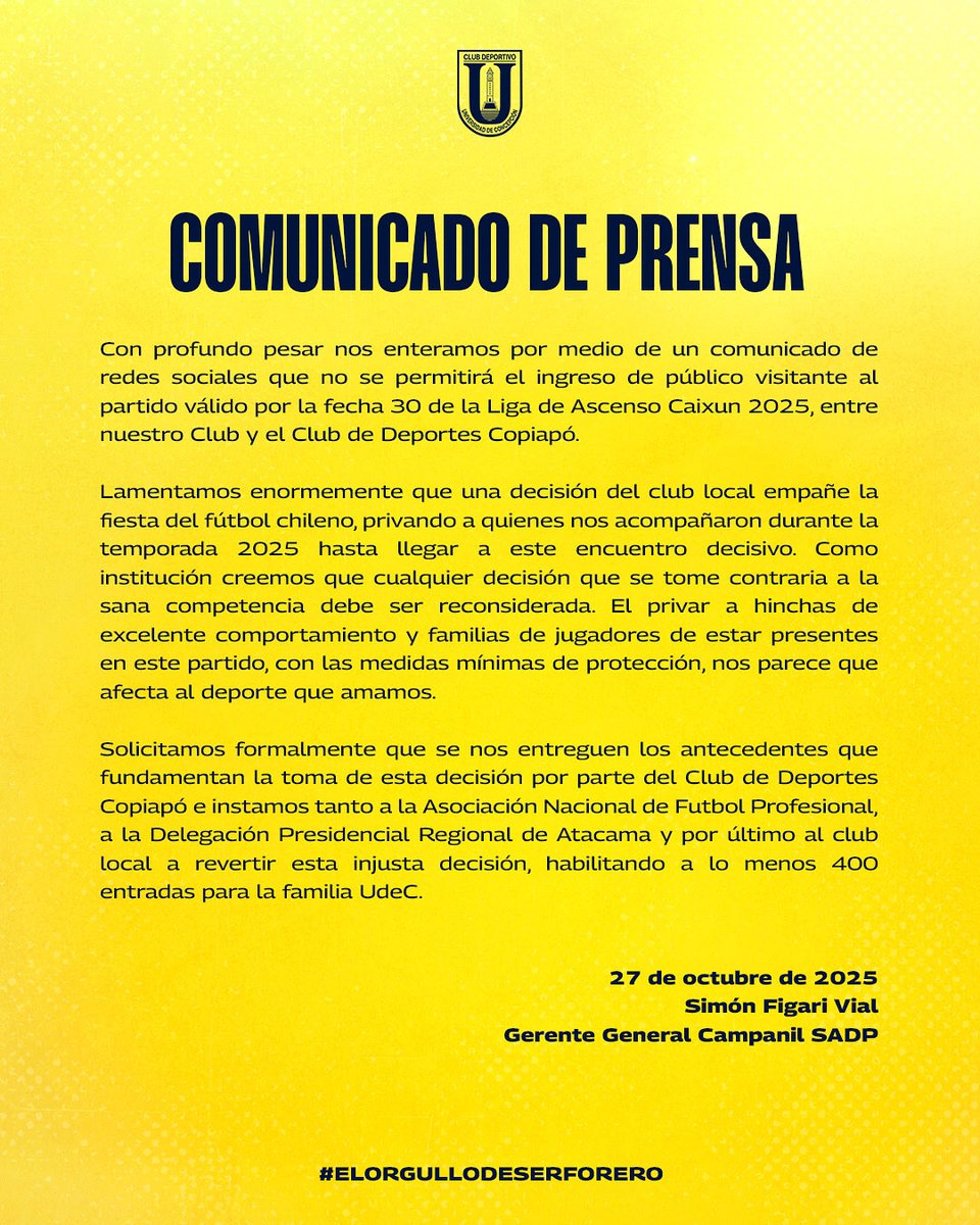 FutbolUdeC's tweet photo. Comunicado oficial del Club Deportivo Universidad de Concepción. 

El ascenso lo jugamos todos. 

#VamosLosForeros • #ElOrgulloDeSerForero https://t.co/HaHY0qciuD