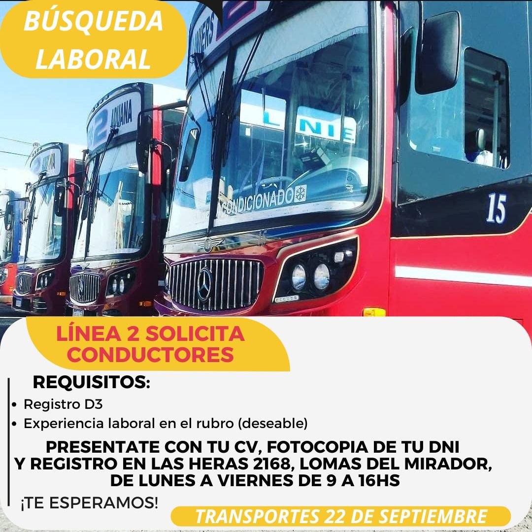 CiudadDeBondis's tweet photo. #TrabajoAR

La #Linea2 busca choferes. Presentarse en la cabecera de Lomas del Mirador de Lunes a Viernes de 9 a 16hs https://t.co/gjoK59fJd9