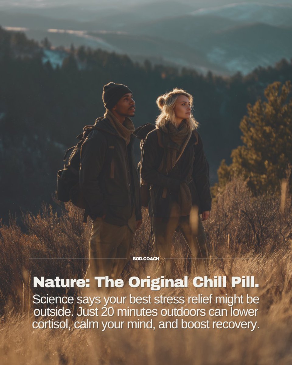 bodcoach's tweet photo. Forget the red pill or blue pill — the real pill is green. 🌿

Research shows spending just 20 minutes in nature can lower cortisol, reduce blood pressure, and calm your nervous system.

It’s called the “Nature Pill,” and it works.

Step outside, breathe deep, and make recovery as much a part of your routine as the workout itself.