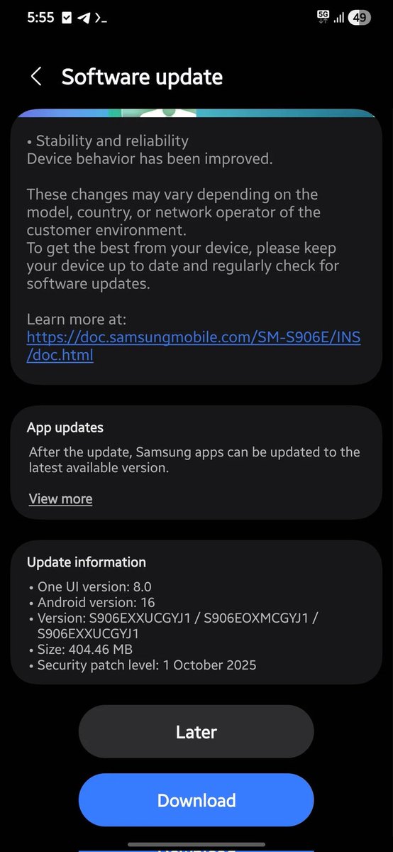 alhashimy981's tweet image. 🚨 انتباه لمستخدمي Galaxy S22!!

تم إصدار تحديث أمان شهر أكتوبر بواجهة One UI 8 لسلسلة Galaxy S22 في الهند 🇮🇳

الإصدار :
S906EXXUCGYJ1 / S906EOXMCGYJ1 / S906EXXUCGYJ1

#Samung #Galaxy #OneUI8