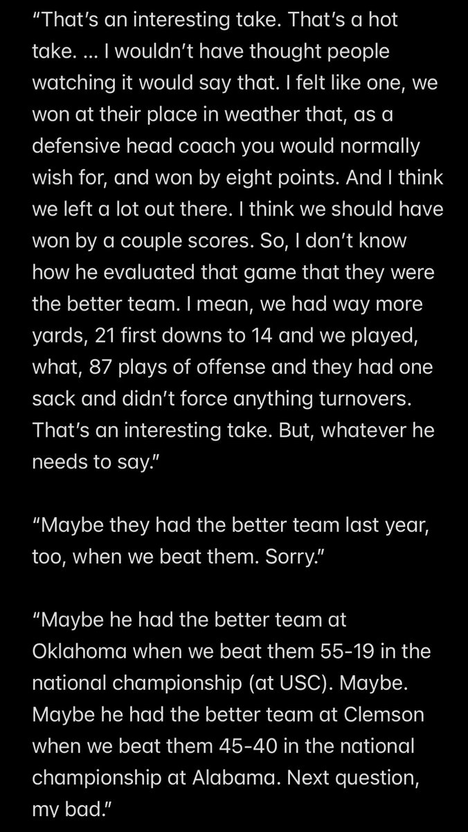 Lane Kiffin was asked about this and gave a response that can only be described as an all-timer. You’ll see that this quote is divided into three separate parts — That’s because Kiffin went back and brought up more times when staffs he was part of beat Venables’ teams/defenses.