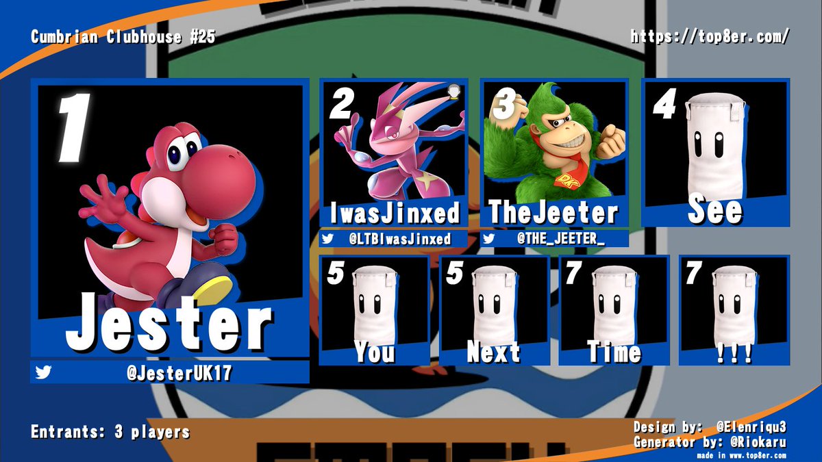Cumbrian Clubhouse #25 - Top 8 Graphic:

🥇- <a href="/JesterUK17/">Jester</a> 
🥈- <a href="/LTBIwasJinxed/">Jinxed</a> 
🥉- <a href="/THE_JEETER_/">the jeeter</a> 

See you at our next bracket!👋