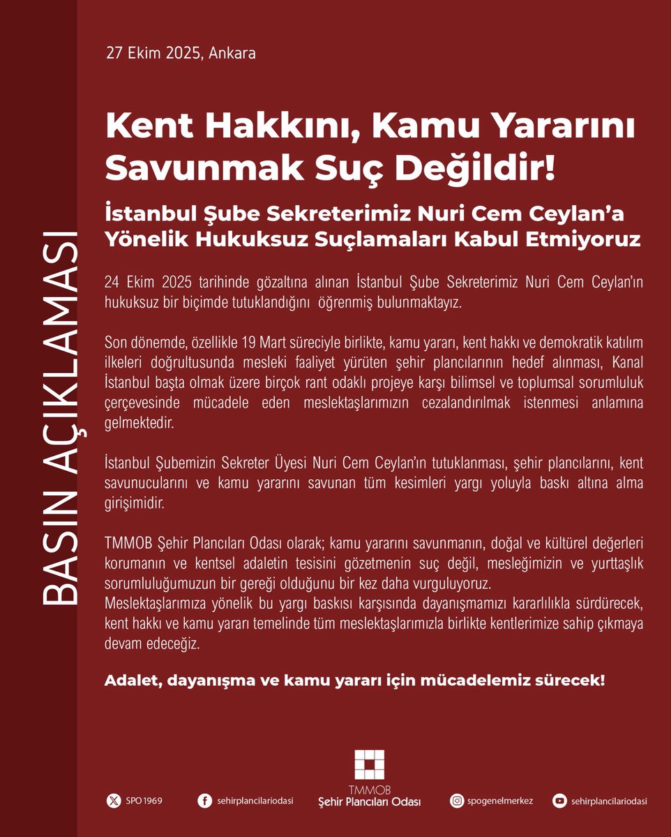 Kent Hakkını, Kamu Yararını Savunmak Suç Değildir!

İstanbul Şube Sekreterimiz Nuri Cem Ceylan’a Yönelik Hukuksuz Suçlamaları Kabul Etmiyoruz

#ŞehirPlancılarınaÖzgürlük