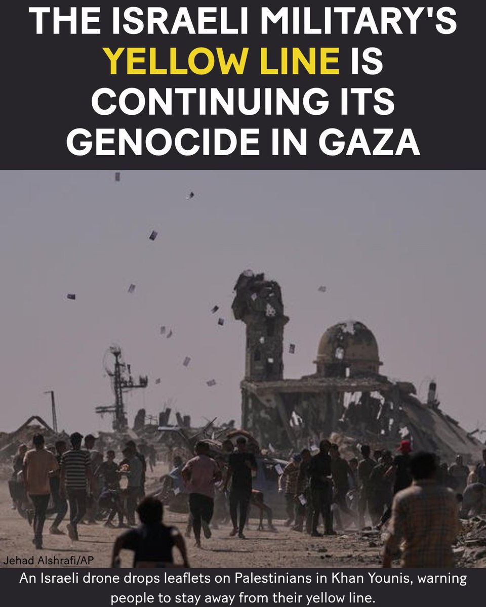 jvplive's tweet photo. This weekend, the Israeli army began building its “Yellow Line” in Gaza — tall yellow-painted concrete blocks placed every 200 meters along the boundary it claims to have withdrawn to under the ceasefire. Each 10-foot marker bears a yellow metal sign. The line cuts across more than 53% of Gaza, splitting densely populated areas. The Israeli military is shooting any Palestinian who approaches the yellow line. 🧵