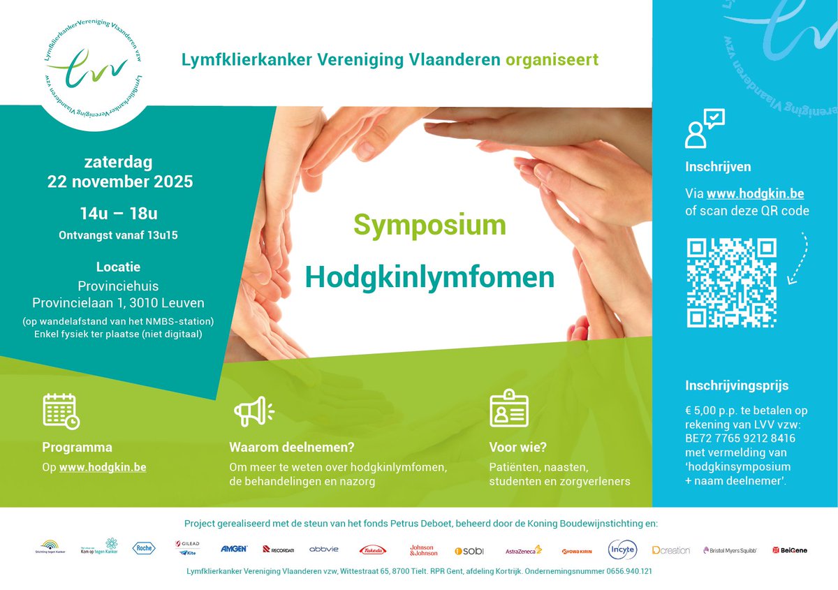 💜Hodgkinsymposium

📅22 november 2025 - Onthaal vanaf 13.15u

🏢 Provinciehuis Leuven

📔 Info over o.a. #hodgkinlymfomen, de behandeling, langetermijneffecten en angst voor herval

👉Volledig programma en inschrijven via lymfklierkanker.be/nl/hodgkinsymp…

#hodgkin #lymfomen