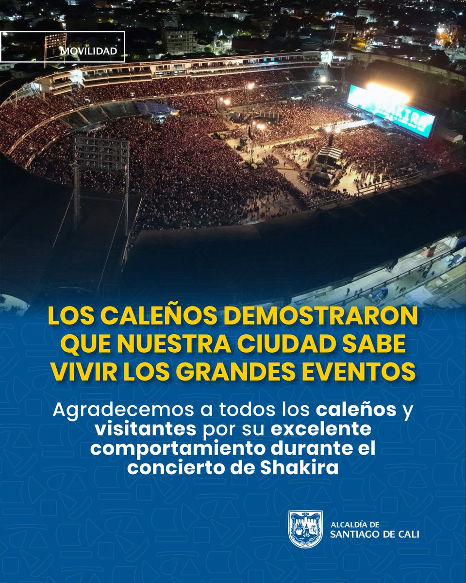 MovilidadCali's tweet photo. ¡Cali demostró por qué es la Capital Mundial de la Alegría! 🤩 

Gracias a caleños y visitantes por su cultura ciudadana y respeto durante el concierto de Shakira. 

Así vivimos los grandes eventos, con movilidad segura y ordenada. 🎉 #AsíRecuperamosCali https://t.co/9qd9gKpWU6