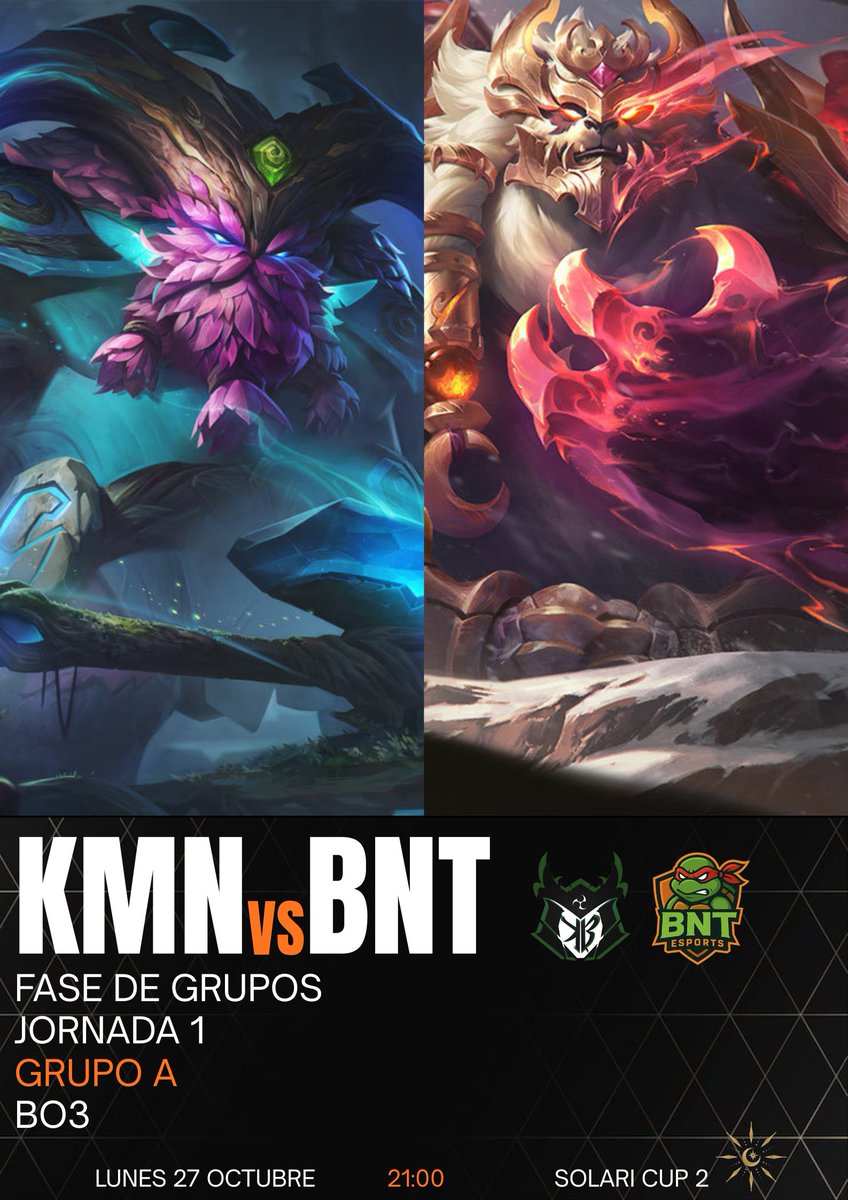 El segundo partido de hoy en la SOLARI CUP 2!

Con este encuentro cerramos la primera jornada de ambos grupos. Dos equipos que son una incógnita... ¿Qué pasará?

⚔️ <a href="/budo_koryu/">Koryū Budō</a> Kemono VS BNT
🕒 21:00 / Grupo A / Jornada 1 - Bo3