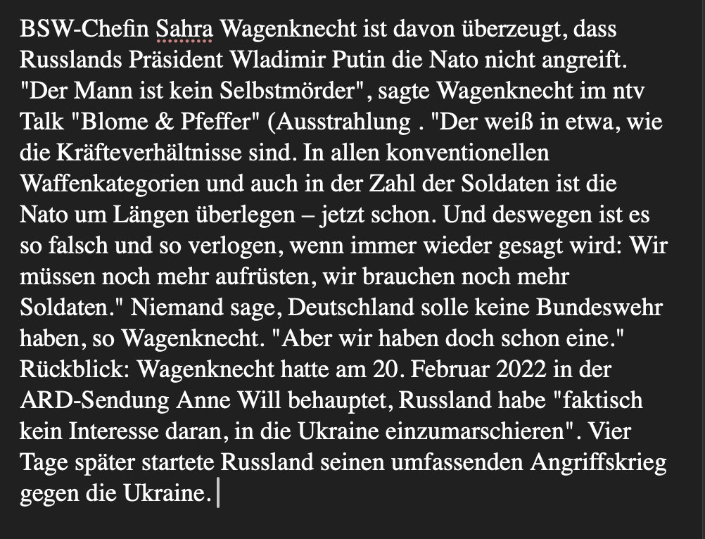 + 19:17 Wagenknecht glaubt nicht an Angriff von Putin auf Nato-Land: "Der Mann ist kein Selbstmörder" +
Q: NTV

Wait, war das nicht diese Wagenknecht, die behauptete, Putin würde niemals in die Ukraine einmarschieren? Lasst uns schnell unser Militär aufrüsten! 🤷‍♂️