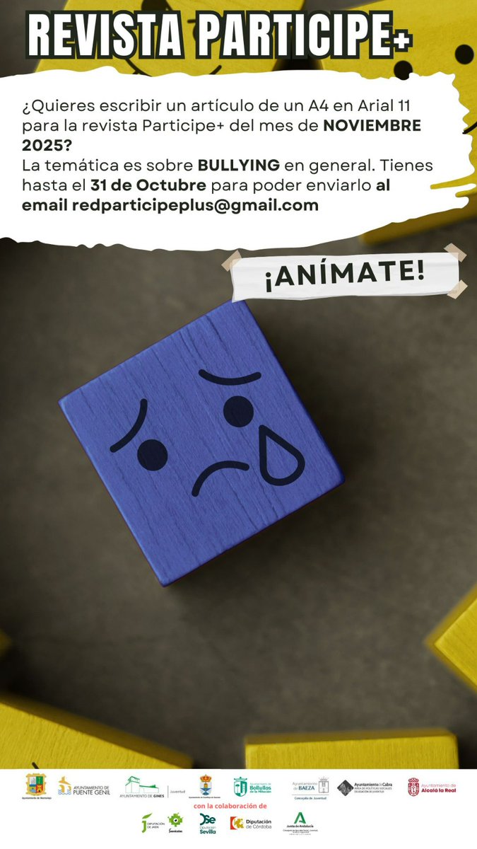 Desde la Revista Partícipe+ tienes la oportunidad de escribir un artículo en relación al bullying en general.

➡️ ¡Anímate y participa!

#participe #saludmental #digitas #bullying #cyberbullying #bienestaremocional #articulo #revista #saludemocional