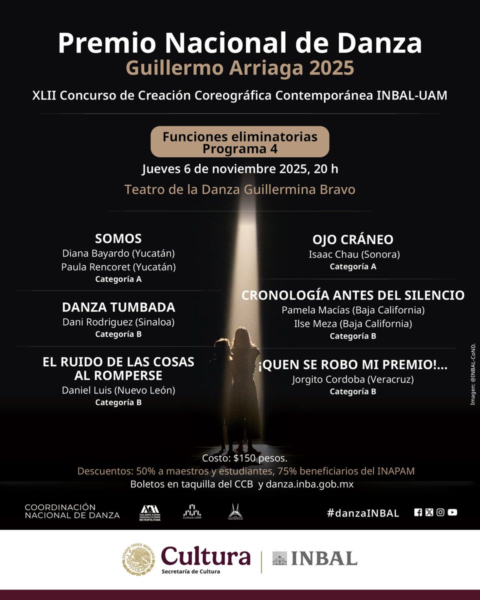El Premio Nacional de Danza Guillermo Arriaga INBAL–UAM 2025, busca fomentar y consolidar la creación coreográfica en México, impulsando procesos innovadores alineados con las tendencias contemporáneas de las artes vivas. 

Compra tus boletos en danza.inba.gob.mx 📲