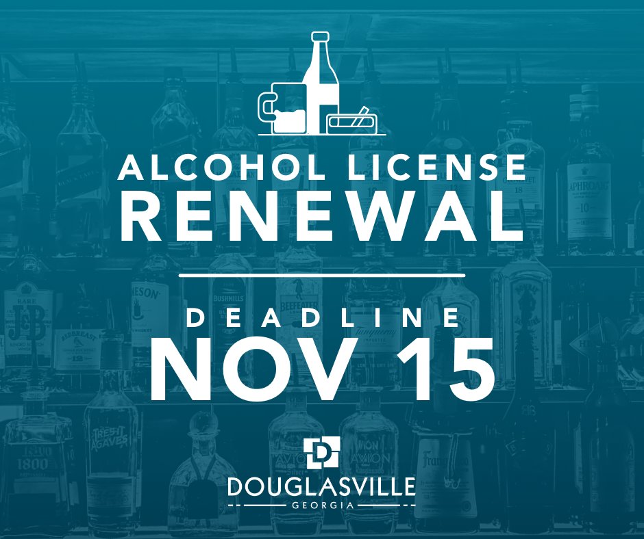 ⏰All Alcohol Licenses expire Dec. 31, 2025.
✔️ Renewal application due: Nov. 15, 2025
✔️ Fees due: Dec. 31, 2025
🚨10% late fee applies.

Apply online via the Georgia Tax Center or complete your mailed renewal form. Questions? Email: alcohol-licensing@douglasvillega.gov.