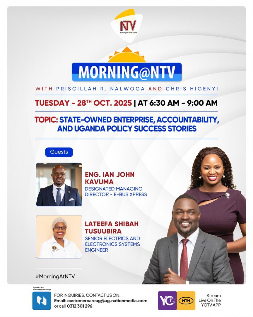 KiiraMotors's tweet image. Catch KMC live on @ntvuganda Morning Show (28th Oct | 6:30–9:00 AM) as we discuss how policy, innovation &amp;amp; governance are powering Uganda’s industrial transformation. 
#emobility #Innovation #MadeInUganda
