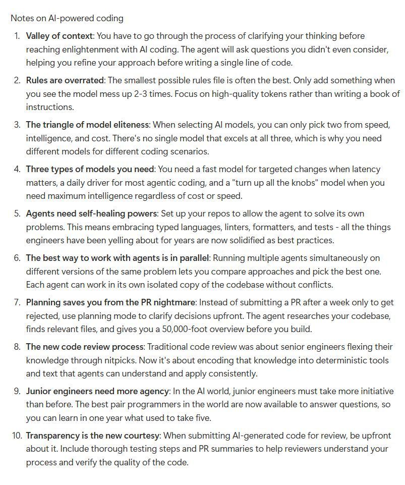 Sharing some insights from our session with <a href="/leerob/">Lee Robinson</a> from <a href="/cursor_ai/">Cursor</a>.

Keep your rules file minimal. Only add something when you see the model mess up 2-3 times. Focus on high-quality tokens, not writing a book of instructions. More below.