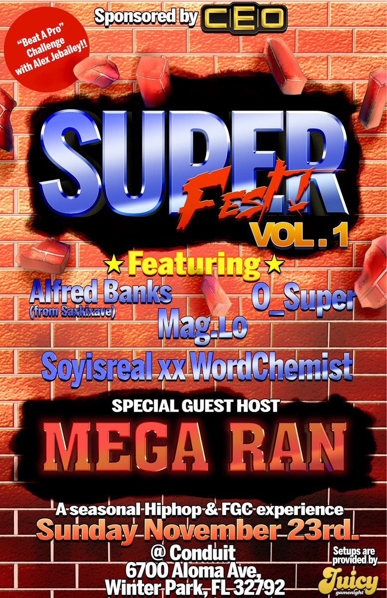 . <a href="/Jebailey/">Alex Jebailey</a> <a href="/MegaRan/">Mega Ran</a> <a href="/JuicyGameNight/">Juicy Game Night</a> Officially joins the event that keeps on leveling up this November 23rd. @ The Conduit in Winter Park FL. ticketweb.com/event/super-fe…