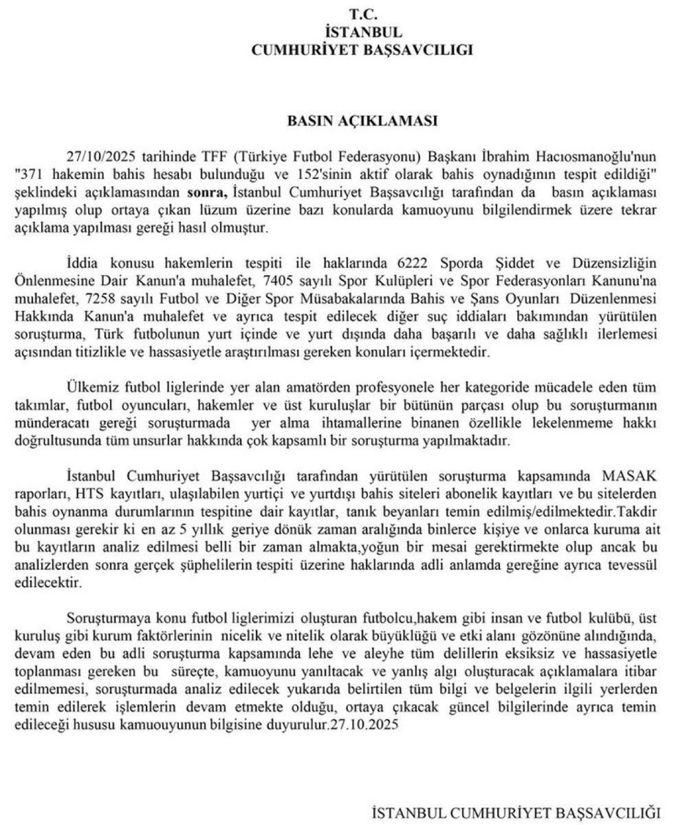 🔥🔥

İstanbul Cumhuriyet Başsavcılığı'ndan yeni açıklama: 
“İstanbul Cumhuriyet Başsavcılığı tarafından yürütülen soruşturma kapsamında MASAK raporları, HTS kayıtları, ulaşılabilen yurtiçi ve yurtdışı bahis siteleri abonelik kayıtları ve bu sitelerden bahis oynanma durumlarının