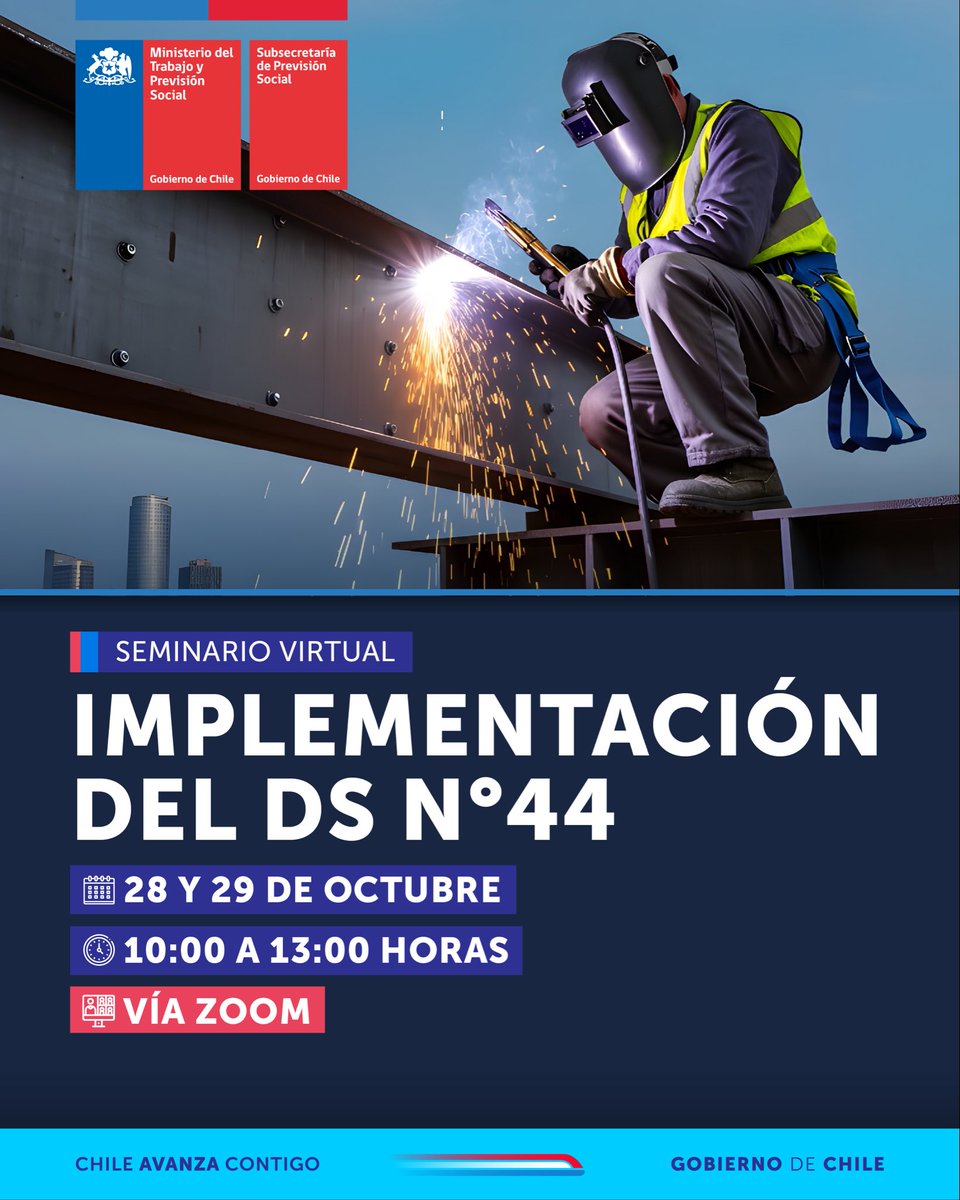 Subsecretaría de Previsión Social (@previsionsocial) on Twitter photo 📢Atención empleadores! 
Te invitamos al seminario virtual Implementación del DS 44 este martes 28 y miércoles 29 de octubre. Inscríbete👉 us02web.zoom.us/webinar/regist…
Se abordará: 
✅Avances y desafíos
✅Matriz de riesgo 
✅Asistencia técnica y FUF
✅Guía técnica para capacitación 📢Atención empleadores! 
Te invitamos al seminario virtual Implementación del DS 44 este martes 28 y miércoles 29 de octubre. Inscríbete👉 us02web.zoom.us/webinar/regist…
Se abordará: 
✅Avances y desafíos
✅Matriz de riesgo 
✅Asistencia técnica y FUF
✅Guía técnica para capacitación