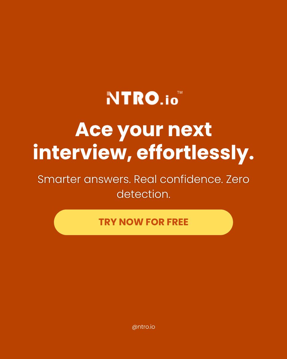 Ntro_io's tweet image. The Smarter Way to Interview with AI

Real-time prompts, confidence boosts, and smarter answers, meet ntro.io, your AI copilot for every interview.

Interview smarter with 

#Ntro #AIinterview #CareerTips #JobSearch #FutureOfWork