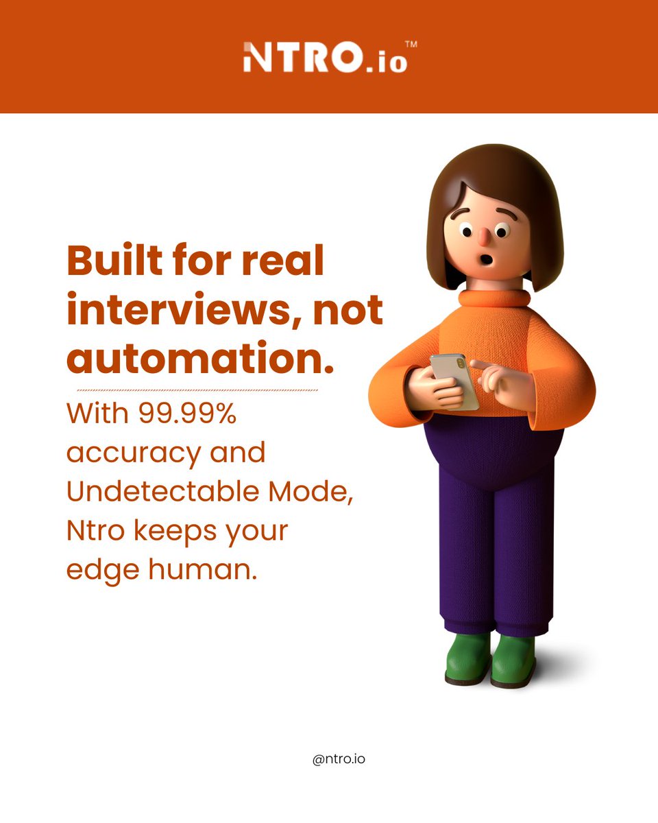 Ntro_io's tweet image. The Smarter Way to Interview with AI

Real-time prompts, confidence boosts, and smarter answers, meet ntro.io, your AI copilot for every interview.

Interview smarter with 

#Ntro #AIinterview #CareerTips #JobSearch #FutureOfWork