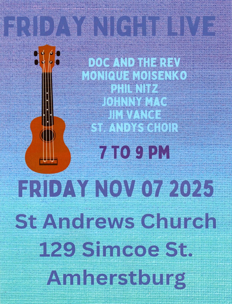 FRIDAY  NIGHT LIVE — The music series "Friday Night Live" returns to St. Andrew's Presbyterian Church (129 Simcoe St.) Nov. 7. 
Performers include Doc &amp; The Rev, Monique Moisenko, Phil Nitz, Johnny Mac, Jim Vance and the St. Andrew's choir. 
Free admission, donations welcome.