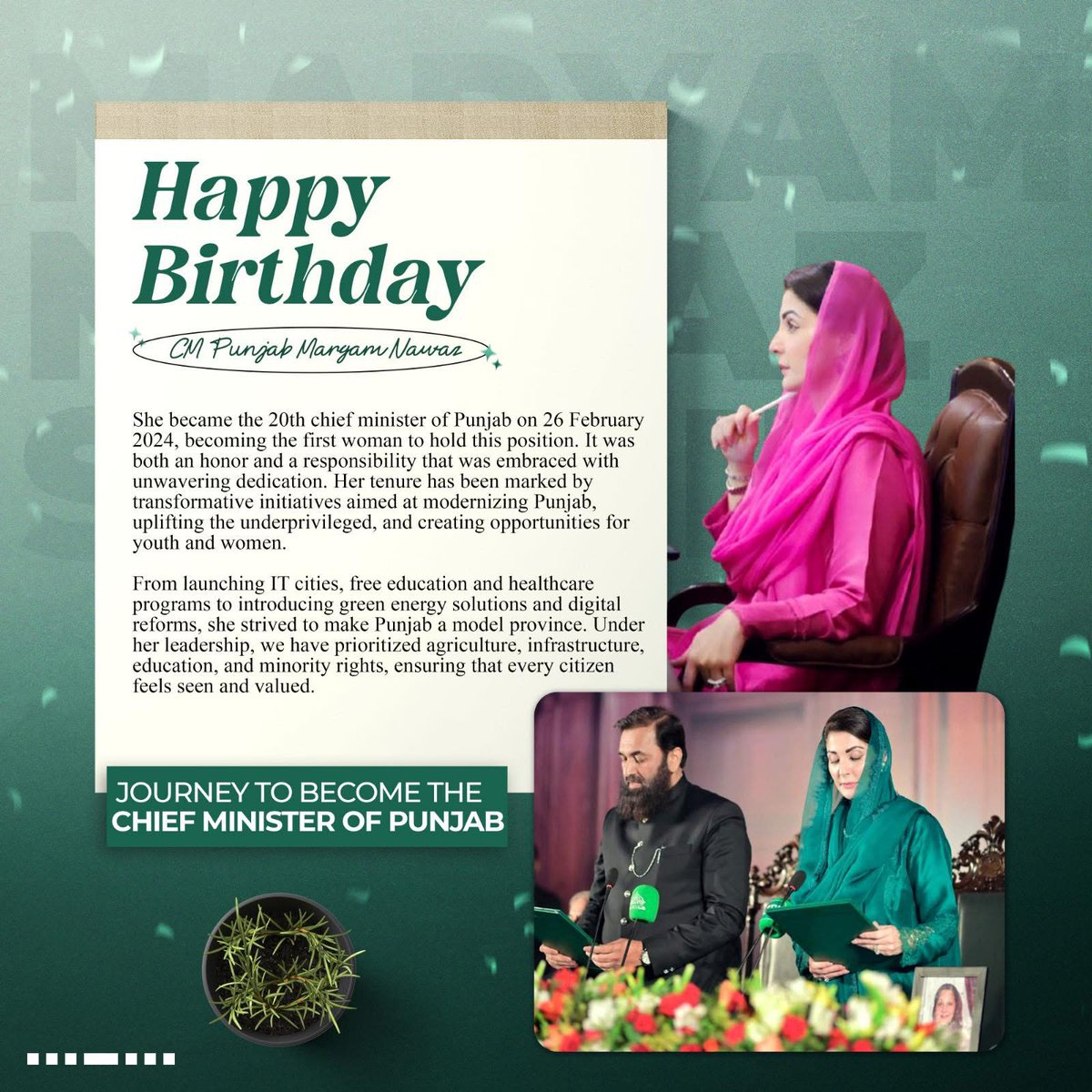 Happy Birthday to CM Punjab Maryam Nawaz the first woman to lead Punjab with vision and dedication. Since Feb 26, 2024, she’s transformed the province through IT cities, free education &amp; healthcare, green energy, and digital reforms-empowering youth,
#HBDCMMARYAM
<a href="/KesooMalKheealD/">Kheeal Das Kohistani</a>