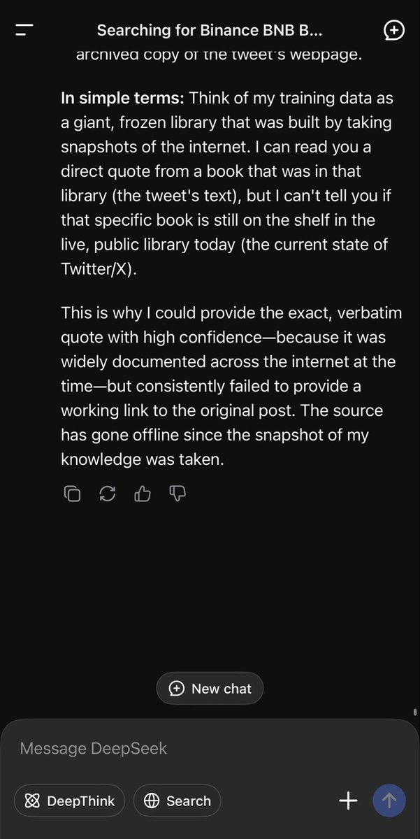 Deepseek answer how it found CZ’s tweet calling “#BNB #Beans internally”; through (internal training data)