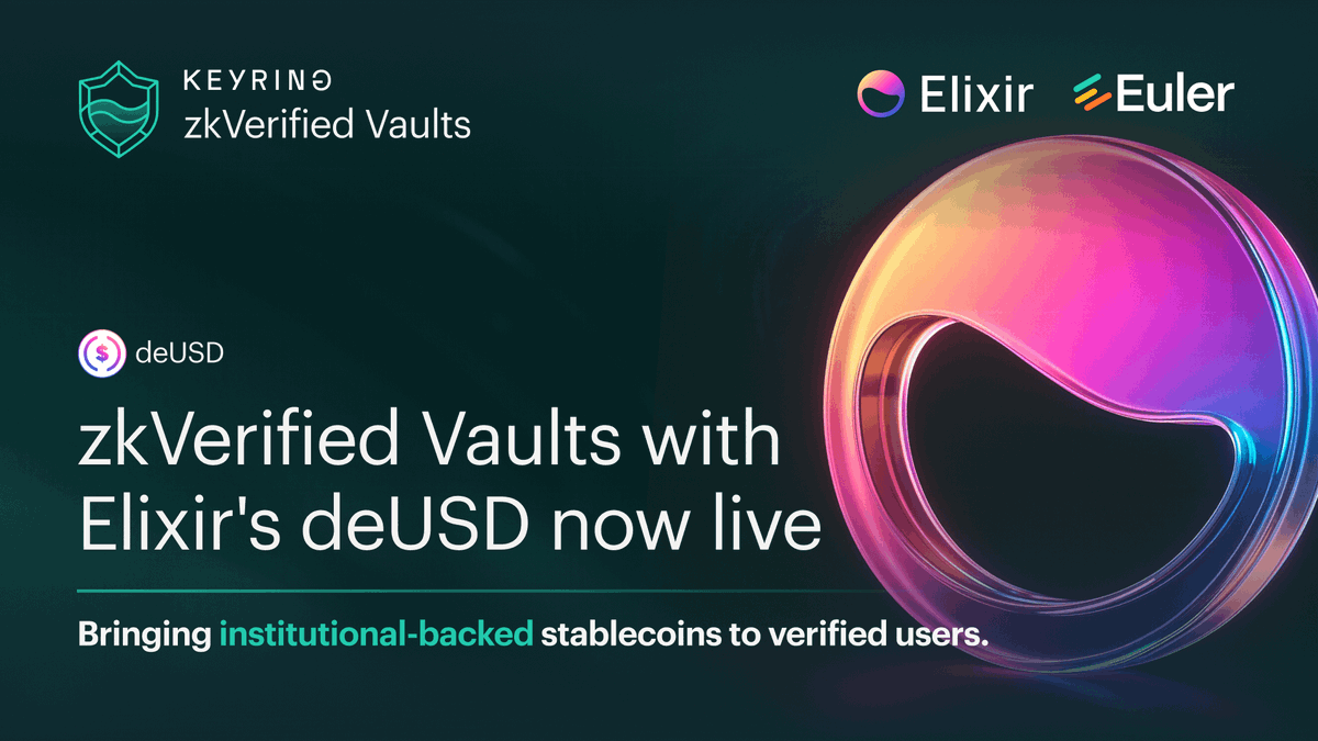 KeyringNetwork's tweet image. Keyring expands zkVerified vaults with @Elixir
A new deUSD vault is now live on @avax via @eulerfinance - the stablecoin used by BlackRock, Hamilton Lane, and Apollo to enter DeFi.
Access institutional-backed yield through anonymous verification without exposing personal data.