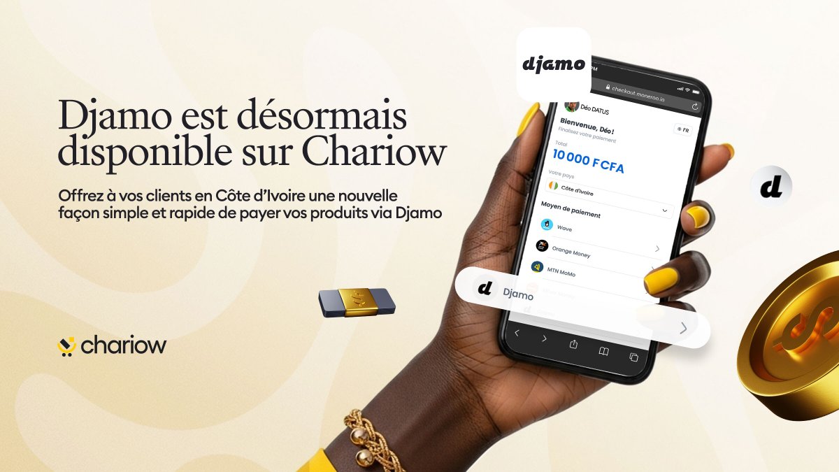 getchariow's tweet photo. 🇨🇮 @djamoci est désormais disponible sur Chariow !

Les créateurs en Côte d’Ivoire peuvent maintenant recevoir des paiements via Djamo, simplement et instantanément.

✔ Simple
✔ Rapide
✔ Sécurisé https://t.co/M7BS5fSDJH