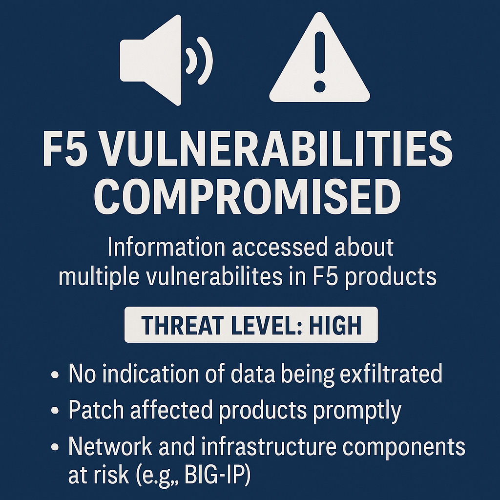 itsoftgmbh's tweet image. 📢❗️ Security Alert – F5 Vulnerabilities Compromised
F5 Networks confirmed that info about several product flaws was accessed.
🇩🇪 #BSI rates the threat as Level 2 – High.
🔹 No customer data exfiltration known

#CyberSecurity #F5  #BSI #InfoSec #ZeroDay #itsoft #ScamDefender
