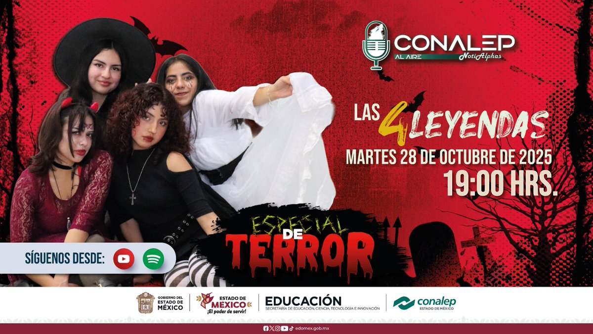 Conalep_Edomex's tweet photo. HOY gran estreno 7 PM en la #SemanaDelTerror con el episodio 3 "Cotorreando entre leyendas", planteles se unen para contarte las leyendas que te harán dudar si fue un mito o algo más 👻💬

🔴 #YouTube https://t.co/MQSPWIogHp
🟢 #Spotify https://t.co/JHvTXuKoQF

#ElPoderDeServir https://t.co/Tz8VGK73OQ