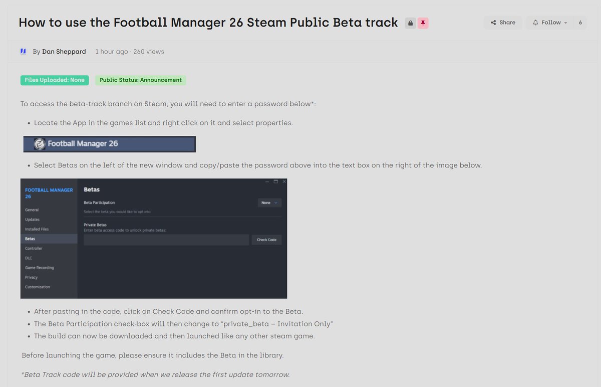 WorkTheSpace's tweet photo. We don't know the code for the new Beta, but it will be released tomorrow.

That's right, the Football Manager 2026 Advanced Access Beta is getting a Beta. Confused? I am. https://t.co/13pLWKojE6