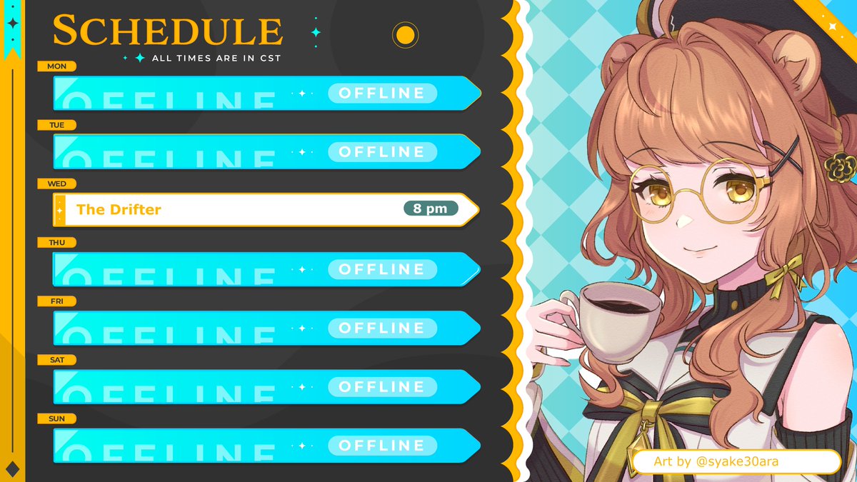 🐻Weekly Schedule 🐻

Hi my cozy cubs! This week I'll be playing more of The Drifter and even though I didn't put it on the schedule I may be streaming on Thursday too! We'll see! Hope to see you all then! 🐻😊