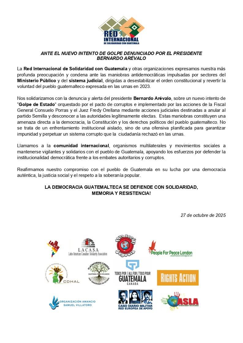 Factor4_GT's tweet image. #VocesPorLaDemocracia | La Red Internacional de Solidaridad con Guatemala y otras organizaciones expresaron su preocupación por las maniobras antidemocráticas impulsadas por sectores del MP y el sistema judicial. Respaldan la denuncia del presidente @BArevalodeLeon sobre un nuevo…