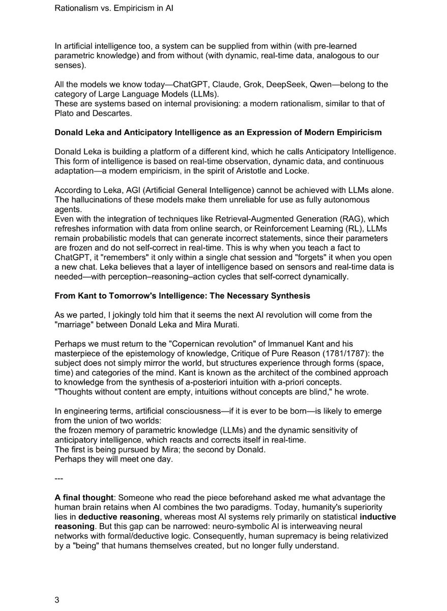 Two Albanians. Two Visions. A Millennia-Old Debate in AI.
Plato versus Aristotle in 2025 😊

<a href="/miramurati/">Mira Murati</a> → AI based on knowledge &amp; large language models.
<a href="/DonaldLeka/">Donald Leka</a> → Anticipatory AI &amp; real-time sensor-driven intelligence.