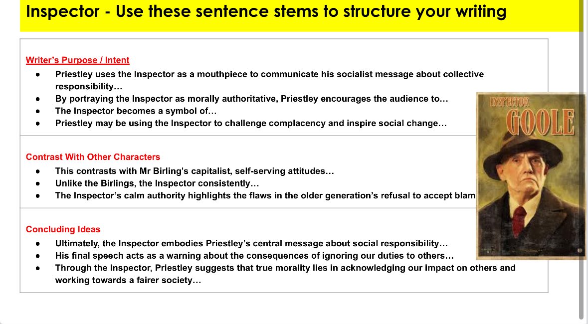 The character sentence stems💡 Students used them to plan analytical paragraphs for AIC focusing on Priestley’s purpose and character contrasts. Excellent use of critical vocabulary and thematic connections throughout! 👏🏽 #teamenglish #engchat #AIC