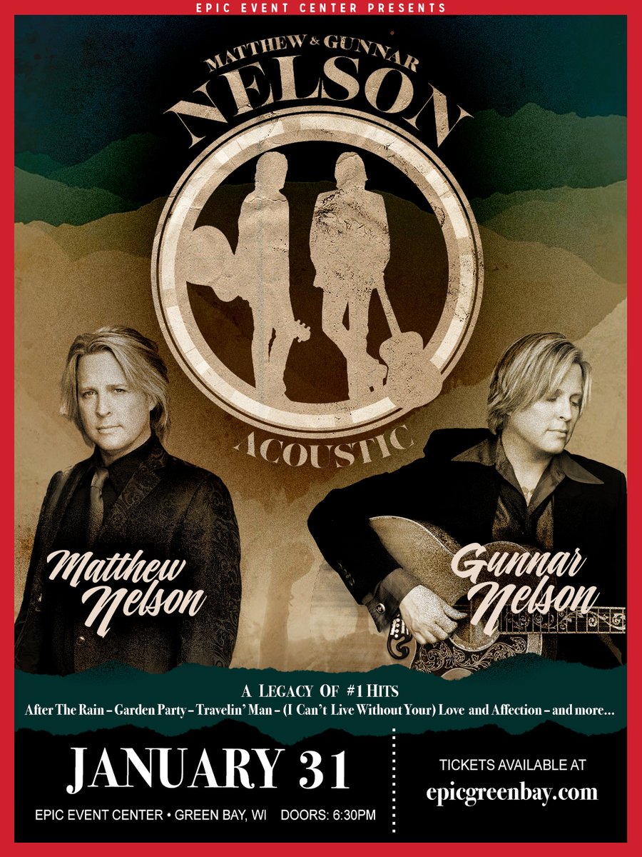 EPICGreenBay's tweet photo. 🎸 JUST ANNOUNCED!
NELSON hits EPIC on Jan 31, 2026!
Sing along to “(Can’t Live Without Your) Love and Affection,” “After the Rain,” + more from this platinum-selling MTV-era duo. 🤘
🎟️ On sale Nov 14 at 10AM → https://t.co/7r9Pndgwxu.
#NELSON #ThisIsEPIC #LiveMusic https://t.co/5F6QGLDokX