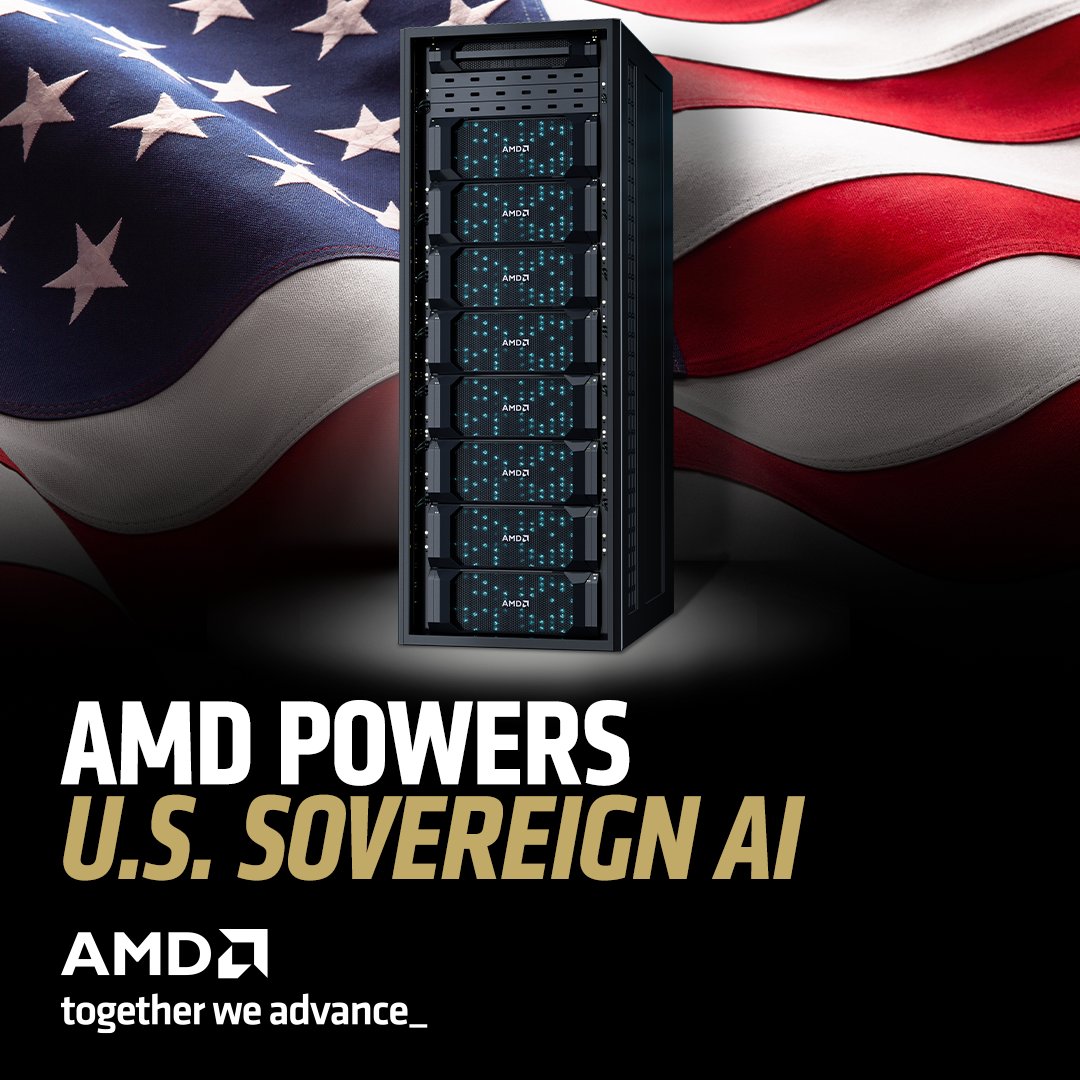 AMD's tweet image. Say hello to Lux: the first U.S. AI Factory supercluster, powered by AMD. Built with @ENERGY, @ORNL, @HPE &amp;amp; @Oracle, Lux combines AMD Instinct MI355X GPUs, EPYC CPUs &amp;amp; Pensando networking to power U.S. sovereign AI and accelerate U.S. AI leadership.
