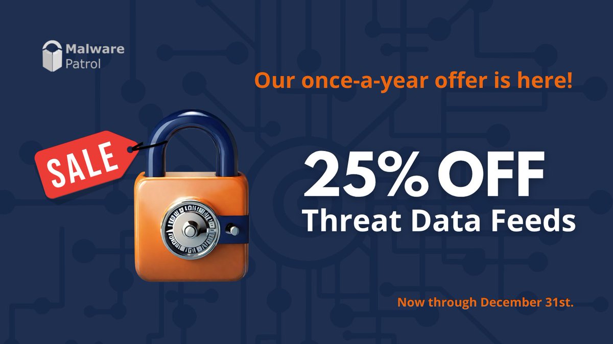 MalwarePatrol's tweet image. Our annual sale is on. New customers get 25% off the first year of any threat data feed subscription. Valid until Dec 31st. 

Request your free trial today. --&amp;gt; malwarepatrol.net/enterprise-eva…

#CyberSecurity #ThreatIntel #onpatrol4malware