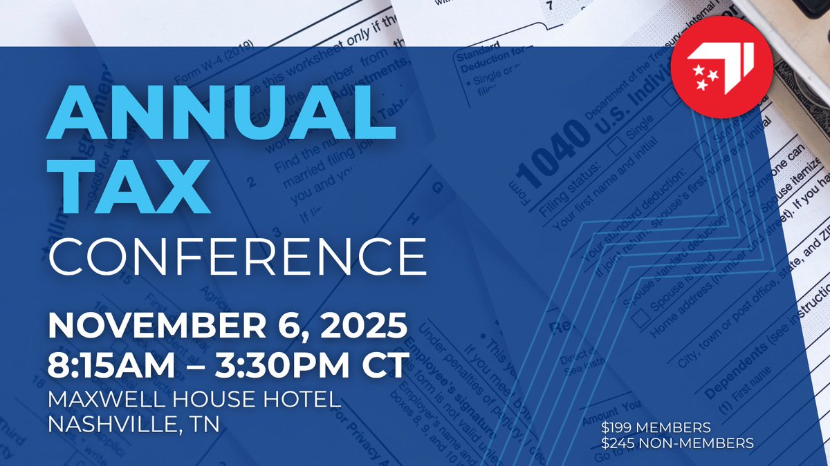 Next week: Tennessee’s top event for tax and business professionals!

Hear directly from the Tennessee Department of Revenue, gain CPE credit, and stay current on the latest tax developments impacting your business.

View the agenda and register today: tnchamber.chambermaster.com/events/details…
