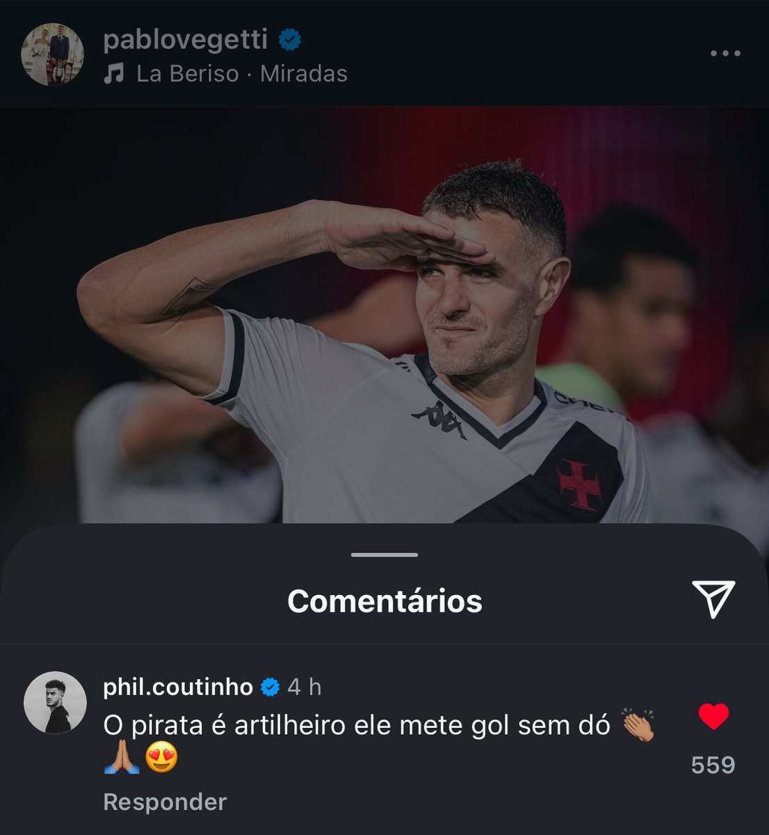 🏴‍☠️🪄💢 O Coutinho cantando o funk do pirata nos comentários da foto de Pablo Vegetti ❤️