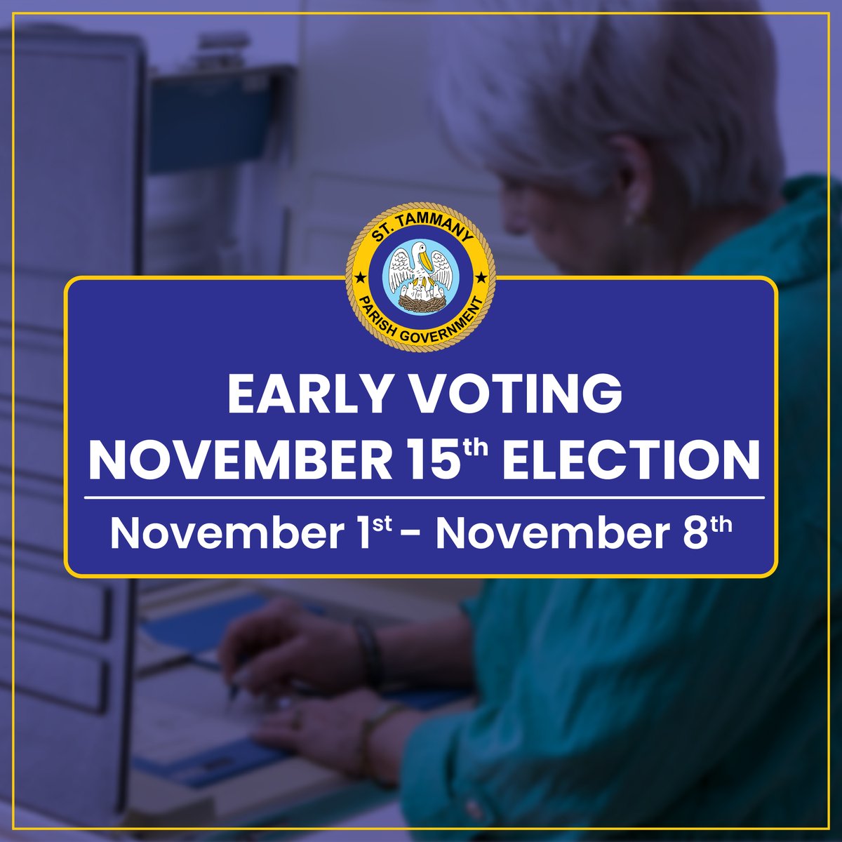 Early voting for the November 15 election will be underway from November 1-8 (closed Sundays) from 8:30 a.m. to 6 p.m. at the Justice Center Parking Garage in Covington and the Towers Building in Slidell.

🗳️For more details, visit GeauxVote.org